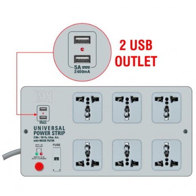 MX 6 Outlet Universal Power Strip with 2 USB outlet for Charging 5V 2.4mA Power Cord 5 Meter (MX-982-USB) - 10 Pieces Pack MX 6 Outlet Universal Power Strip with 2 USB outlet for Charging 5V 2.4mA Power Cord 5 Meter (MX-982-USB) - 10 Pieces Pack